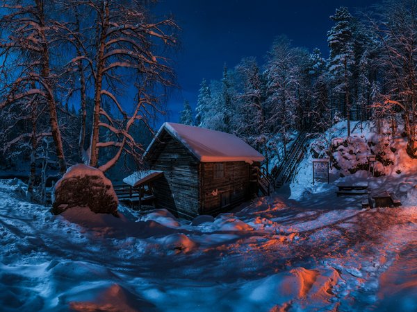 Finland, Myllykoski, деревья, зима, избушка, костер, лес, Мюллюкоски, ночь, снег, Финляндия, хижина