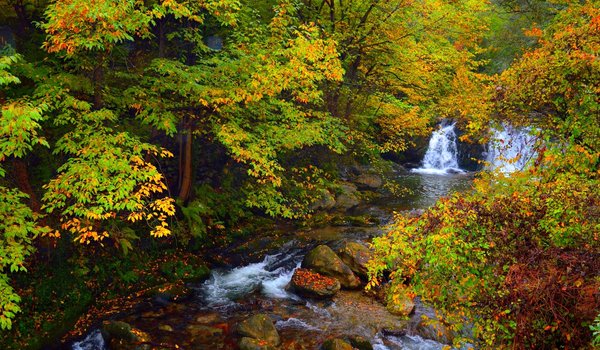 Обои на рабочий стол: autumn, colors, fall, forest, nature, stones, trees, waterfal, водопад, деревья, камни, лес, осень, природа