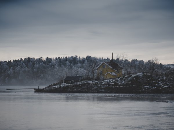 cold, fog, frost, Frozen, house, ice, lake, mist, nature, river, snow, storm, trees, winter