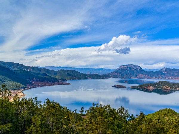 clouds, far view, island, lake, landscape, mountains, nature, sky, trees, Yunnan