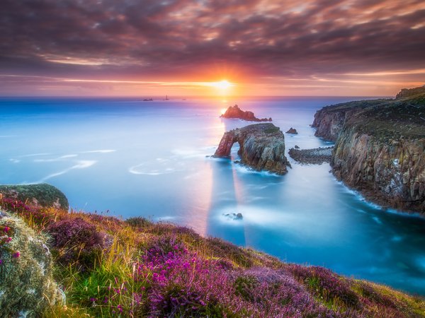 Cornwall, england, nature landscape, rocks, sea, shore, sunset, закат, море, скалы