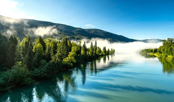 Обои на рабочий стол: fog, forest, Jasper National Park, landscape, mountains, nature, river, sky, trees, water