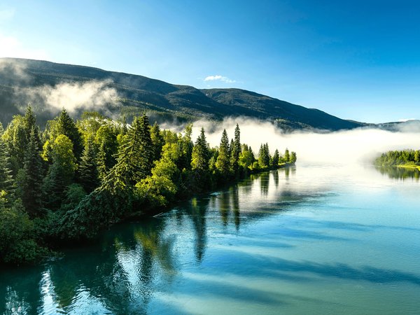 fog, forest, Jasper National Park, landscape, mountains, nature, river, sky, trees, water