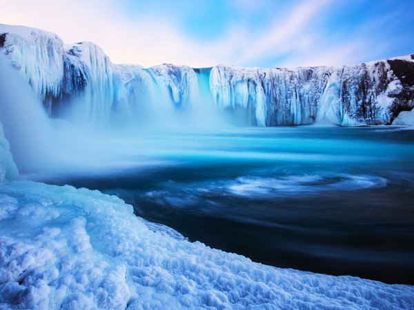 blue, island, landscape, nature, sky, snow, water, waterfall, winter, вода, водопад, зима, исландия, снег