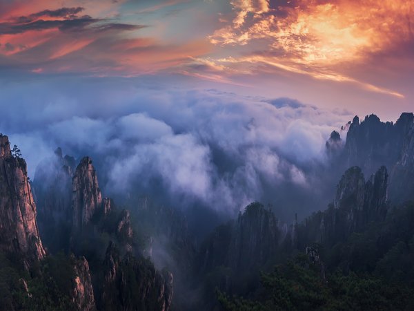 горы, китай, лес, небо, облака, скалы, туман, утро