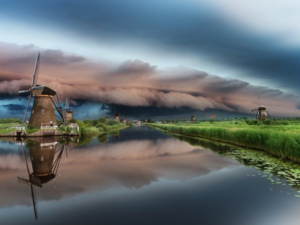 канал, мельницы, небо, нидерланды, облака, облако, река, тучи