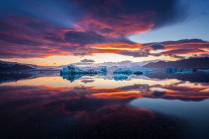 Обои на рабочий стол: закат, краски, лед, море, небо, север, фьорд