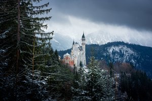 Обои на рабочий стол: bavaria, Bavarian Alps, germany, Neuschwanstein Castle, Schwangau, бавария, Баварские Альпы, германия, горы, замок, Замок Нойшванштайн, зима, лес, Швангау