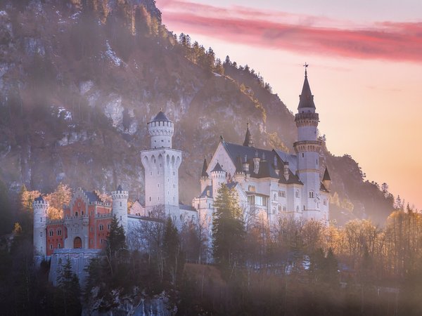 bavaria, germany, Neuschwanstein Castle, Schwangau, бавария, германия, деревья, закат, замок, Замок Нойшванштайн, лес, осень, скала, Швангау
