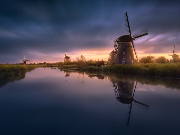 ветряные мельницы, вечер, вода, канал, нидерланды, свет