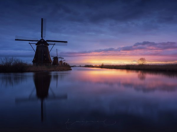 ветряные мельницы, вечер, вода, канал, небо, нидерланды, облака