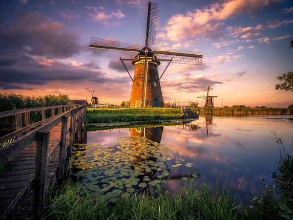 ветряные мельницы, канал, мостик, небо, нидерланды, облака