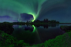 Обои на рабочий стол: дома, звезды, ночь, озеро, отражения, река, северное сияние