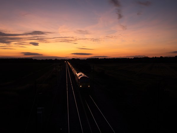 железная дорога, закат, ночь, поезд