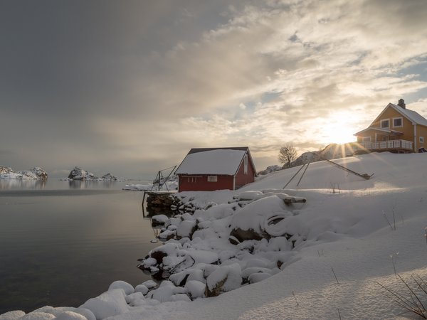 Holand, Lofoten Islands, Nordland, norway, деревня, зима, Лофотенские острова, норвегия, снег, фьорд