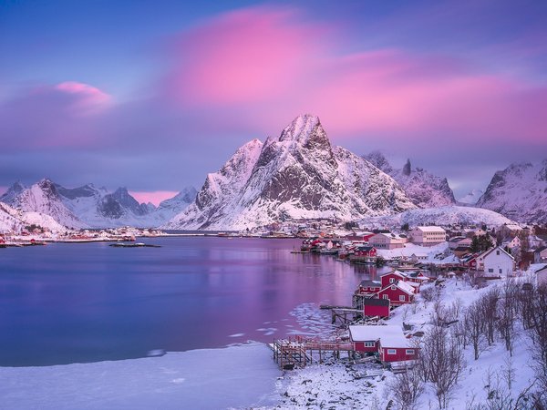 городок, Лофотенские острова, норвегия, посёлок, розовое небо, свет, утро