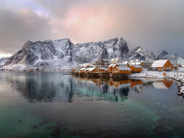 горы, дома, зима, Лофотенские острова, норвегия, посёлок, фьорд