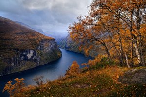 Обои на рабочий стол: деревья, норвегия, осень, пейзаж, природа, скалы, тучи, фьорд
