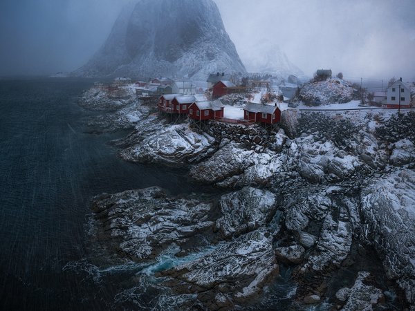 зима, норвегия, поселение, скалы, снег