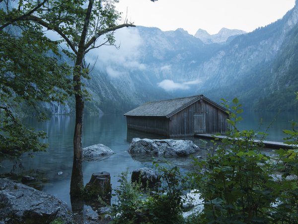 Berchtesgaden, Obersee, Альпы, бавария, Берхтесгаден, германия, горы, камни, Оберзее, облака, озеро, пейзаж, природа, сарай, туман