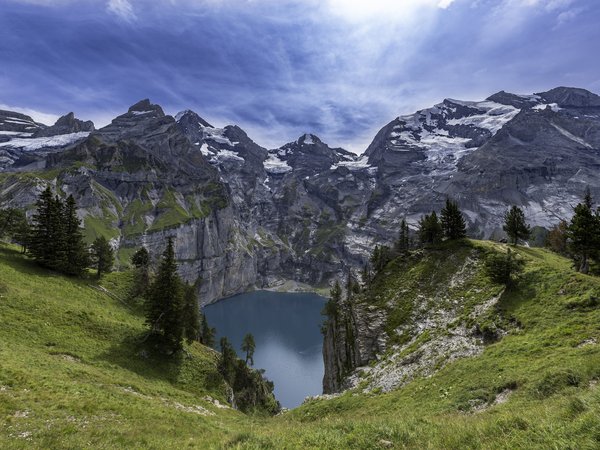 Bernese Oberland, Oeschinen Lake, switzerland, Бернский Оберланд, Бернское высокогорье, горы, озеро, озеро Эшинензе, швейцария
