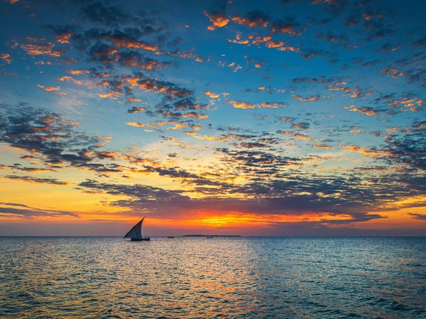 boat, clouds, Jeffrey C. Sink, ocean, sky, sunset, Zanzibar, закат, Занзибар, лодка, небо, облака, океан