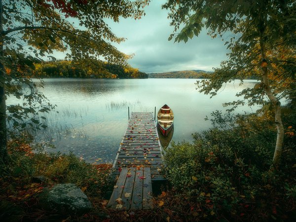 canada, Ontario, деревья, канада, лодка, озеро, Онтарио, осень
