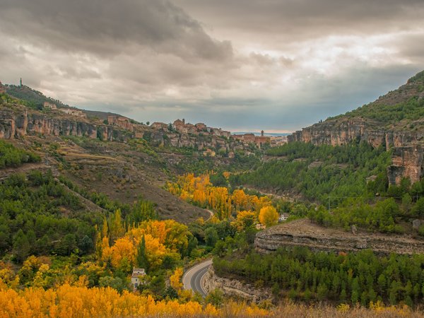 autumn, Cuenca, fall, panorama, road, spain, town, город, дорога, испания, Куэнка, осень, панорама