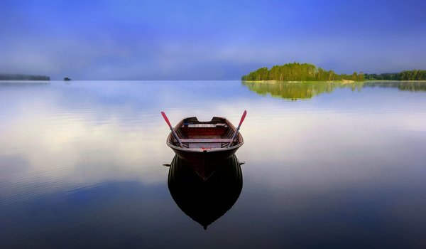 Обои на рабочий стол: Кариярви, лодка, озеро, отражение, Финляндия