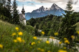 Обои на рабочий стол: Berchtesgaden, Альпы, бавария, Берхтесгаден, Вацманн, германия, горы, леса, пейзаж, природа, трава, цветы, церковь