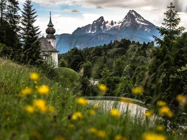 Berchtesgaden, Альпы, бавария, Берхтесгаден, Вацманн, германия, горы, леса, пейзаж, природа, трава, цветы, церковь