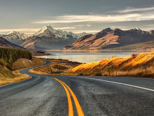 clouds, horizon, lake, landscape, mountains, nature, road, sky, горизонт, горы, дорога, небо, облака, озеро, пейзаж, природа