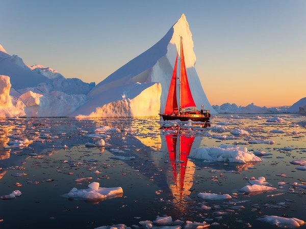 Гренландия, лодка, льды, океан, отражение, паруса, парусник, пейзаж, природа, утро