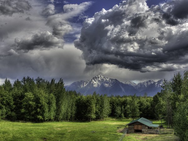 alaska, Chugach Mountains, Pioneer Peak, Алчска, горы, лес, облака, Пайонир Пик, поляна, сарай, Чугачские горы