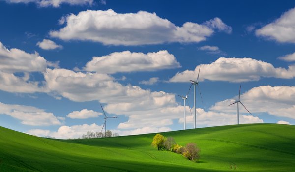 Обои на рабочий стол: Ales Komovec, clouds, field, hills, windmills, ветряки, облака, поле, холмы