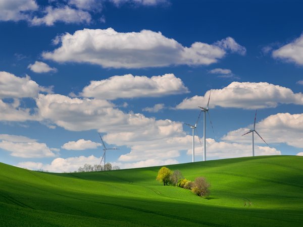 Ales Komovec, clouds, field, hills, windmills, ветряки, облака, поле, холмы