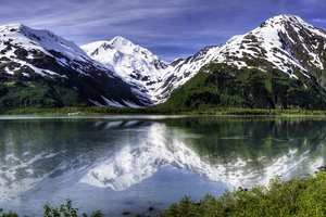 Обои на рабочий стол: alaska, Portage Glacier, Portage Lake, аляска, горы, ледник Портедж, озеро, озеро Портедж, отражение