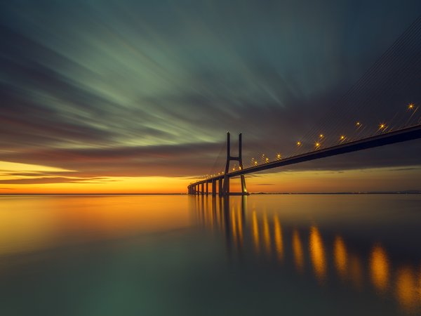 мост, огни, Португалия, прилив, пролив, свет
