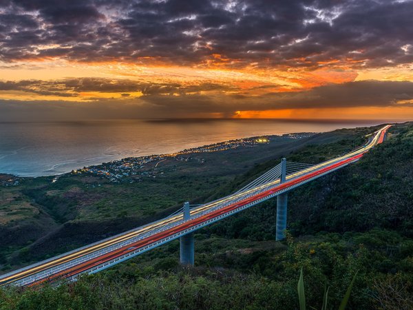 bridge, Indian-Ocean, Reunion Island, sunset
