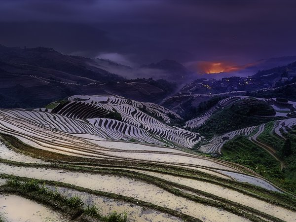 Chine, field, Guangxi, Longji Rice Terraces, morning, sunrise, Гуанси, китай, рассвет, рисовые поля, утро