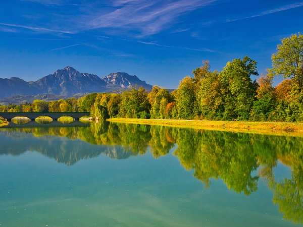 bavaria, Bavarian Alps, germany, Saalach River, бавария, Баварские Альпы, германия, горы, деревья, мост, осень, отражение, река, Река Залах