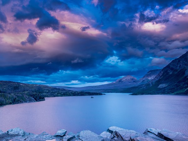Glacier National Park, Montana, Rocky Mountains, Saint Mary Lake, горы, Монтана, Национальный парк Глейшер, небо, облака, озеро, Озеро Святой Марии, Скалистые горы