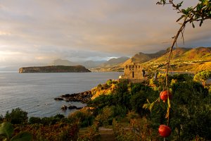 Обои на рабочий стол: Calabria, Cosenza, italy, landscape, mediterranean, nature, plants, pomegranates, San Nicola Arcella, sea, tower