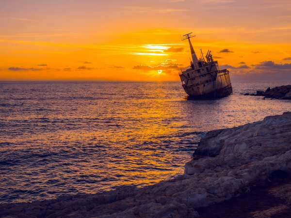 Abandoned, Cyprus, sea, shipwreck, sunset