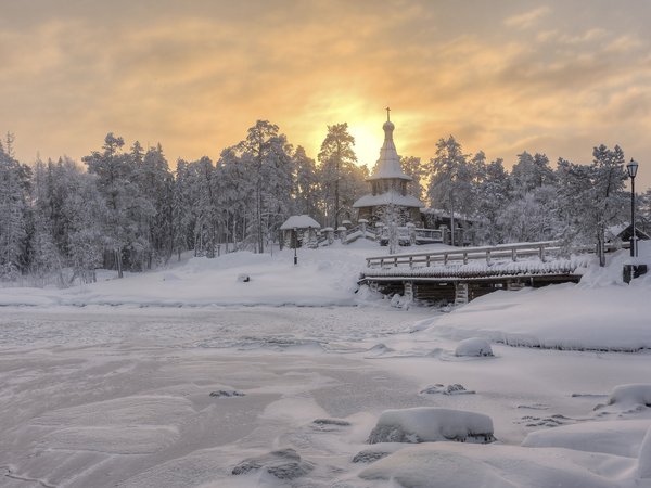 Валаам, зима, Карелия, лес, мост, пейзаж, природа, Сергей Гармашов, снег, утро, часовня