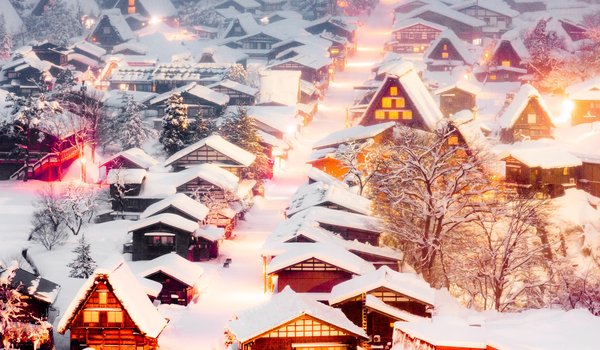 Обои на рабочий стол: japan, Shirakawa-go Village, деревня, дома, домики, зима, Сиракава-го, снег, япония