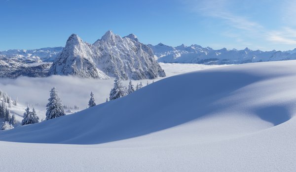 Обои на рабочий стол: Альпы, горы, зима, снег, сугробы, швейцария