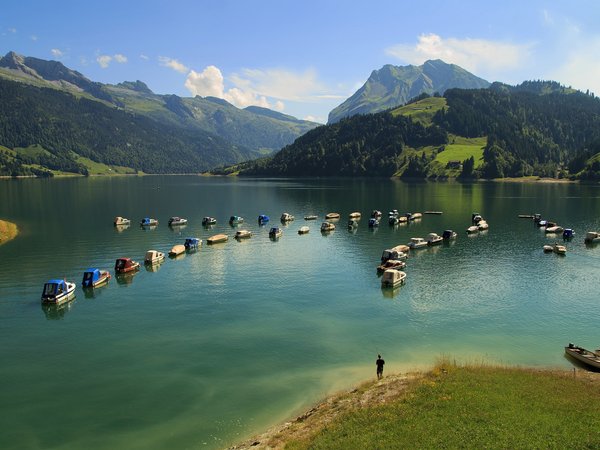 alps, Innerthal, switzerland, Wägitalersee, Альпы, горы, Иннерталь, лодки, озеро, Озеро Вэгиталер, швейцария