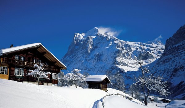Обои на рабочий стол: Альпы, горы, Гриндельвальд, дома, зима, пейзаж, природа, село, снега, швейцария