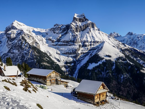 Альпы, горы, домики, зима, снег, швейцария